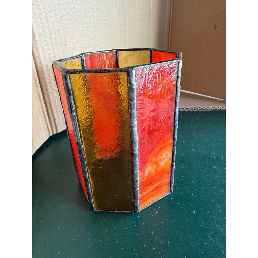 Vintage Stained Glass Octagon Candle Holder Orange Amber Slag Glass Planter